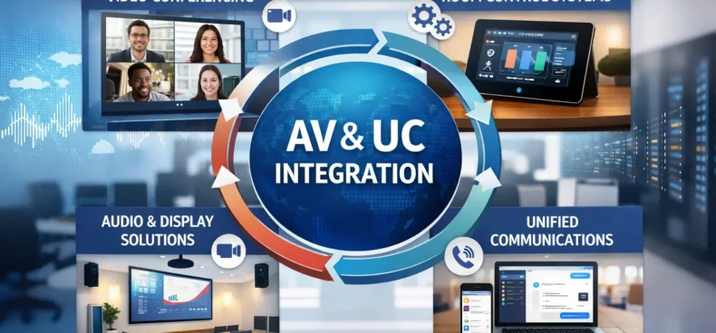 Diagram showing AV and UC integration with video conferencing, room control systems, unified communications, and audio visual display solutions in a modern office setup