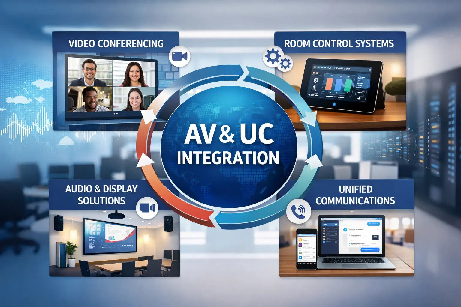 Diagram showing AV and UC integration with video conferencing, room control systems, unified communications, and audio visual display solutions in a modern office setup