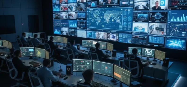 IT operations team monitoring multiple AV systems and conference rooms from centralized control center