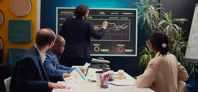 AV monitoring dashboard showing ROI metrics, cost savings, and system performance for business leadership