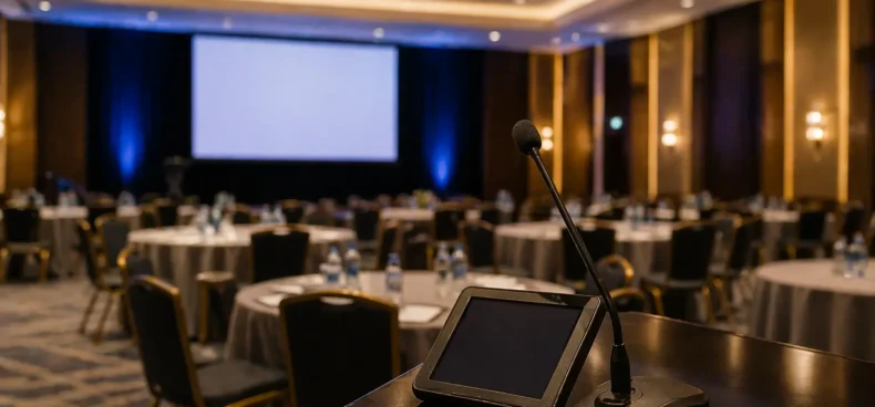 Hotel event venue with AV systems monitored through real-time dashboard