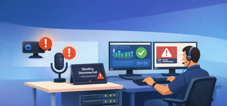 IT professional monitoring Microsoft Teams Rooms devices with audio, video, and connectivity issues in a modern meeting setup