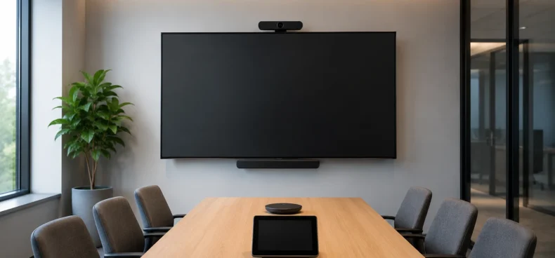 Modern conference room with AV display, video conferencing camera, and meeting table in a professional office environment