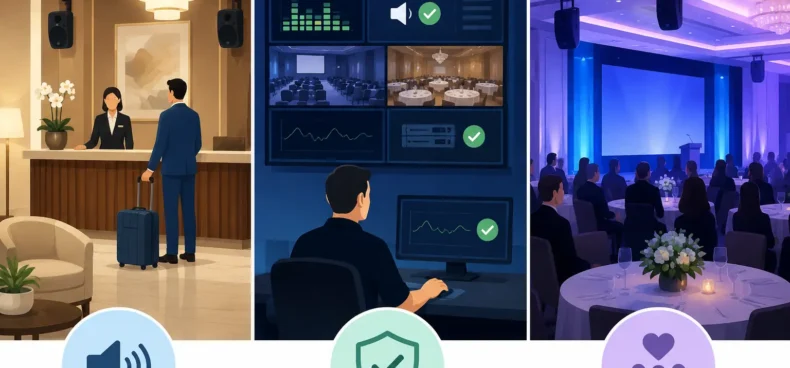 Hotel and event venue AV monitoring system with conference rooms, control dashboard, speakers, and guests attending a corporate event