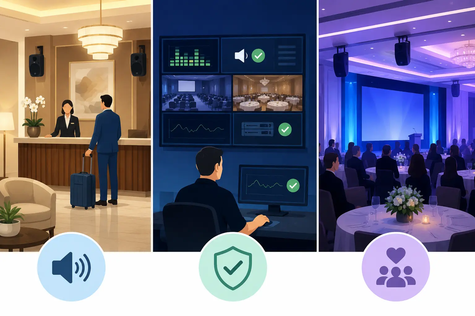 Hotel and event venue AV monitoring system with conference rooms, control dashboard, speakers, and guests attending a corporate event