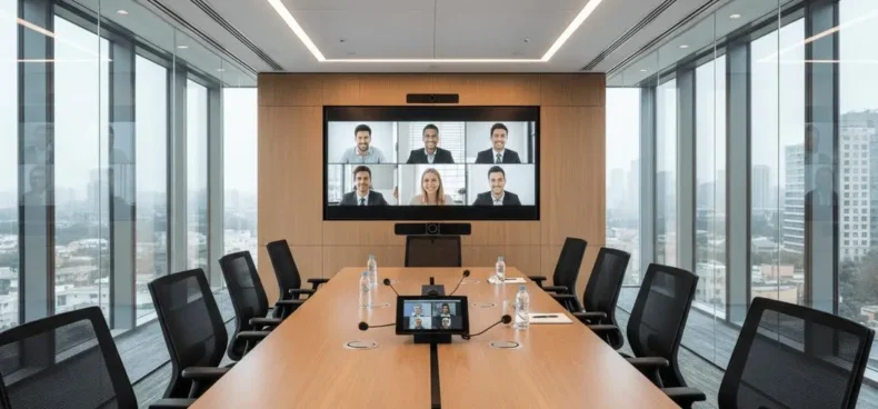 Conference room technology monitoring dashboard showing AV system health and alerts