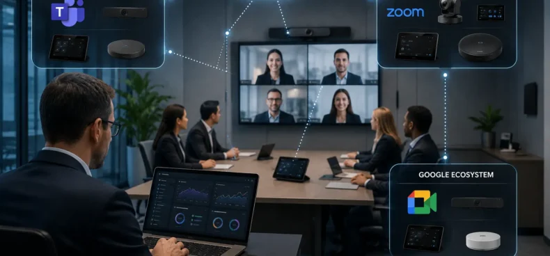 Enterprise UC and AV monitoring dashboard providing visibility across Microsoft Teams Rooms, Zoom Rooms, Google Meet devices, and multi-vendor collaboration ecosystems.