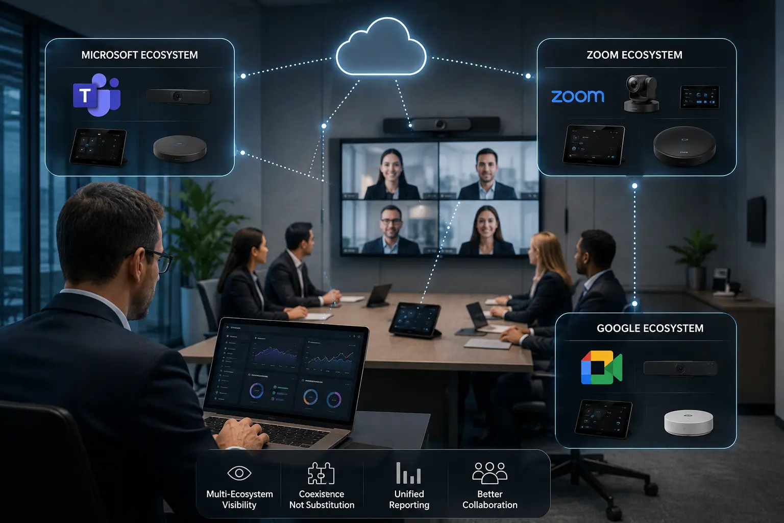 Enterprise UC and AV monitoring dashboard providing visibility across Microsoft Teams Rooms, Zoom Rooms, Google Meet devices, and multi-vendor collaboration ecosystems.