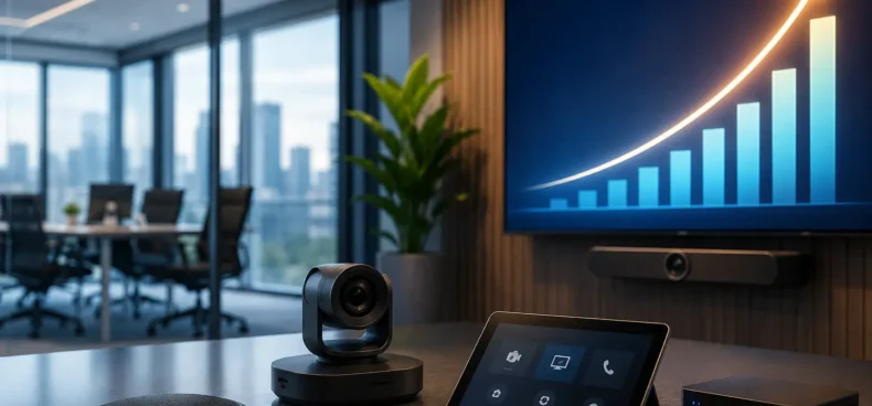Modern enterprise meeting room with professional AV equipment, video conferencing camera, touchscreen controller, and business growth chart representing recurring revenue strategies for AV integrators.