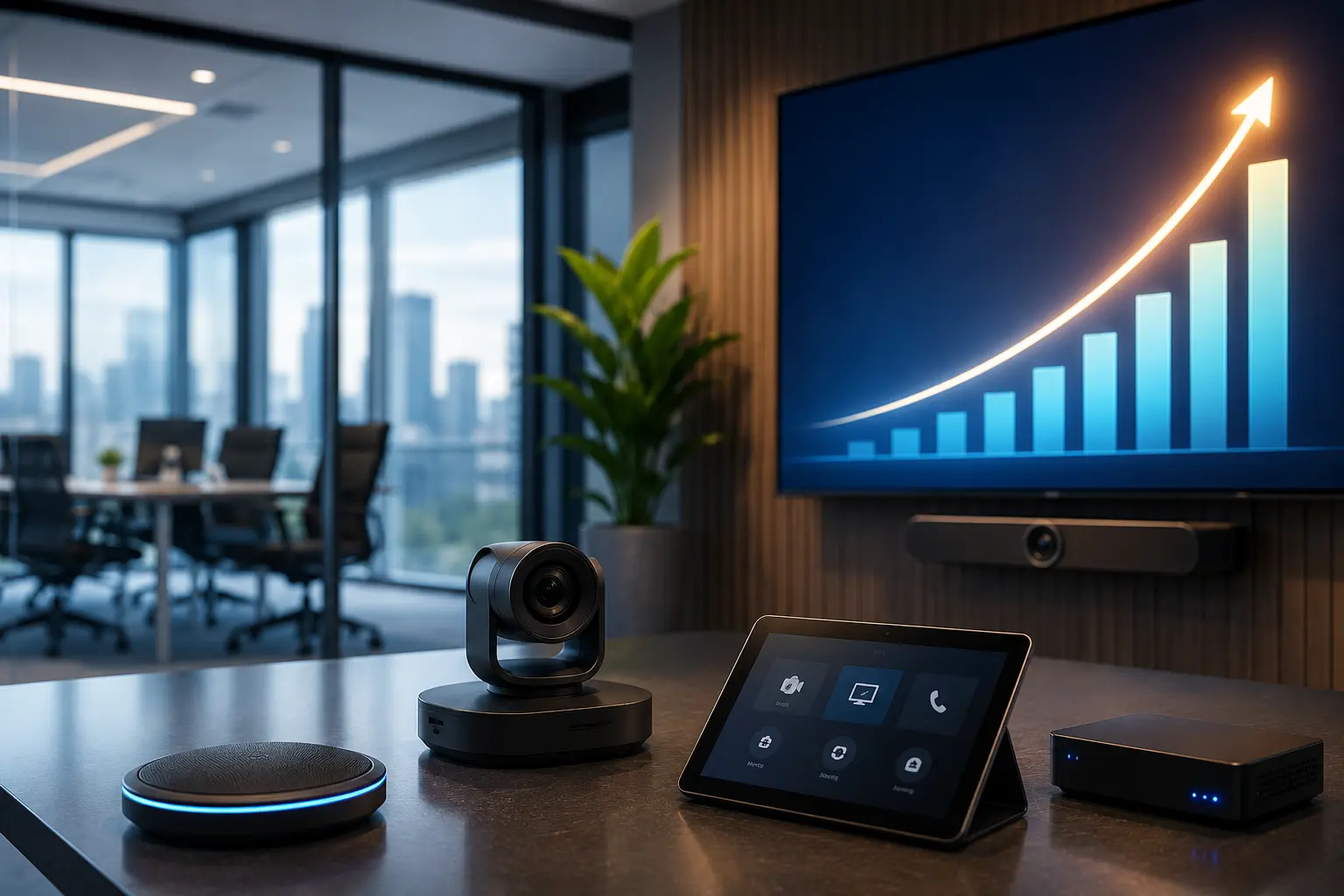 Modern enterprise meeting room with professional AV equipment, video conferencing camera, touchscreen controller, and business growth chart representing recurring revenue strategies for AV integrators.