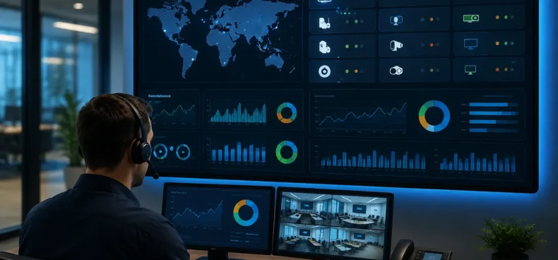Remote AV monitoring system with a technician monitoring AV devices and conference rooms from a centralized dashboard