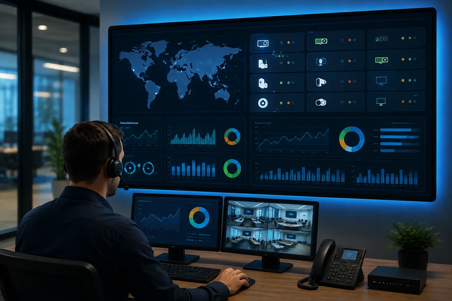 Remote AV monitoring system with a technician monitoring AV devices and conference rooms from a centralized dashboard