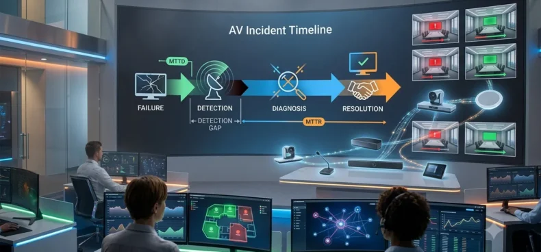 AV monitoring dashboard comparing Mean Time to Detect (MTTD) and Mean Time to Resolve (MTTR) metrics for conference room incident management.