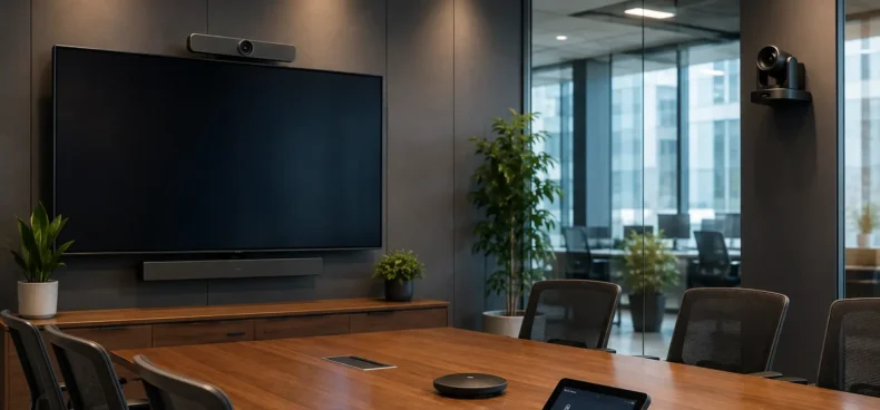 Modern commercial conference room featuring a large display, video conferencing camera, soundbar, AV control panel, and integrated audio visual technology for business collaboration.