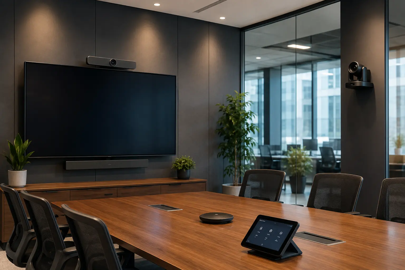 Modern commercial conference room featuring a large display, video conferencing camera, soundbar, AV control panel, and integrated audio visual technology for business collaboration.