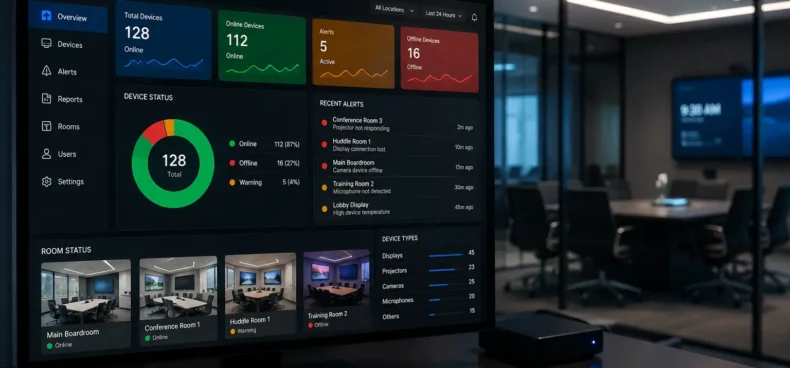 AV monitoring dashboard displaying real-time device status, alerts, room health, and connected AV equipment.