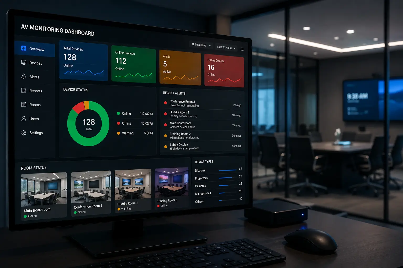 AV monitoring dashboard displaying real-time device status, alerts, room health, and connected AV equipment.