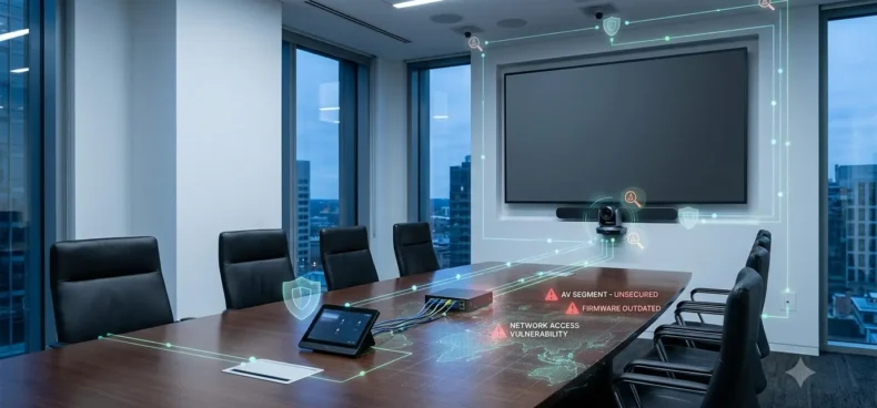 AV security monitoring for boardroom and conference room devices