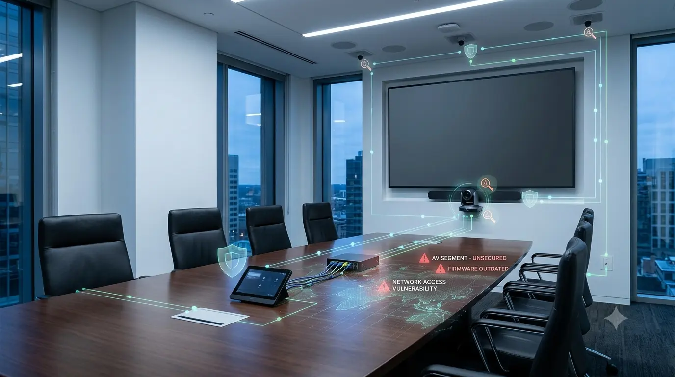 AV security monitoring for boardroom and conference room devices