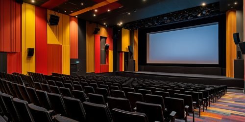 Empty modern cinema hall with vibrant red and yellow walls, sleek black seats, and a large white projection screen ready for a film screening.